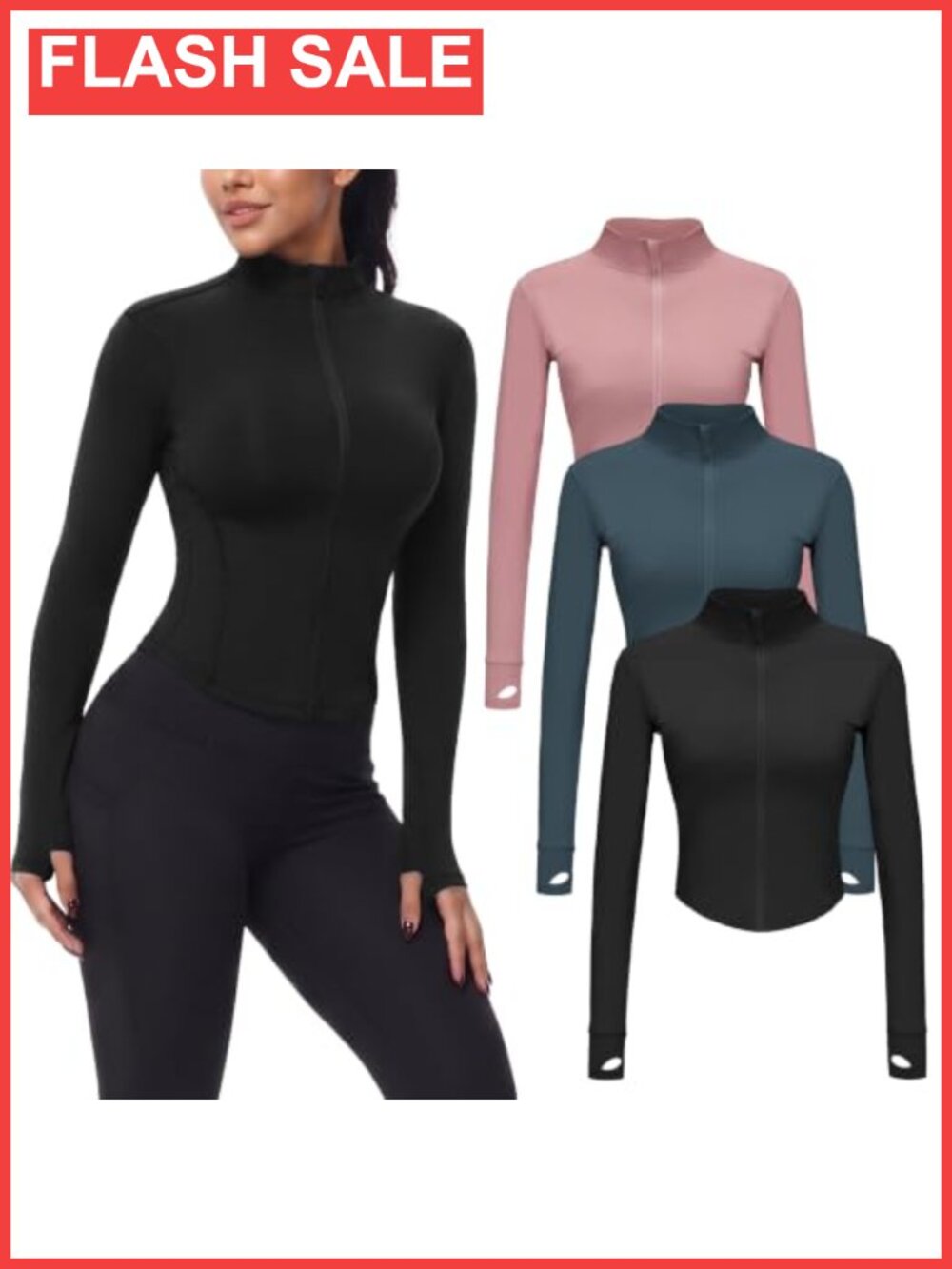 Women's Cropped Full Zip Workout Jacket with Thumb Holes Slim Fit